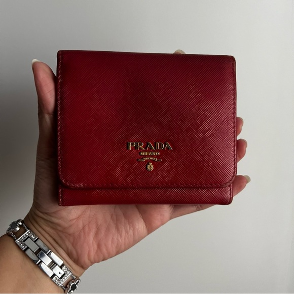 Prada Red Saffiano Leather Compact Wallet - Picture 1 of 8